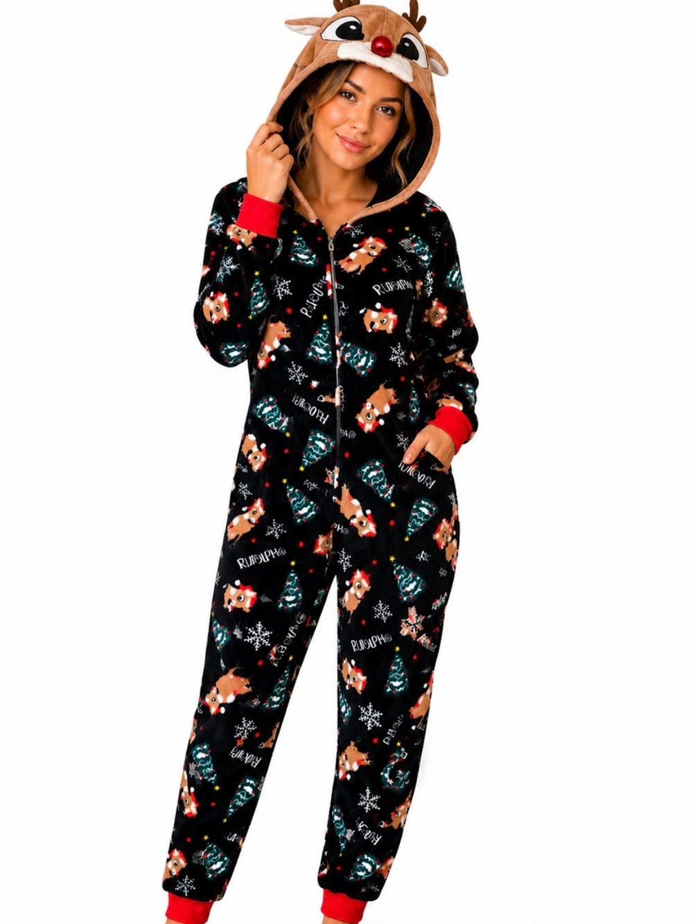 Rudolph Red Nosed Reindeer Christmas Fleece Hooded Onesie Pajamas SZ MD zip up